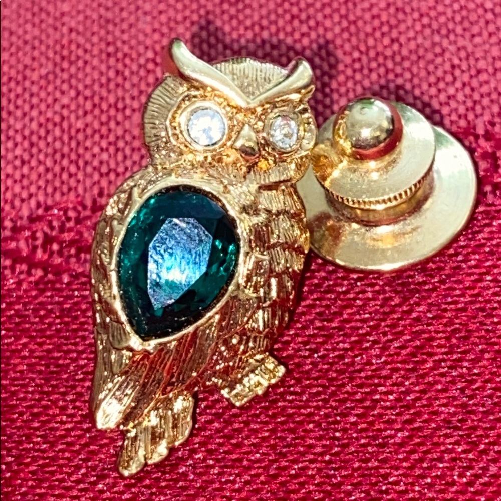 Vintage Avon Gold-Tone Owl Rhinestoned Tie Tack Pin